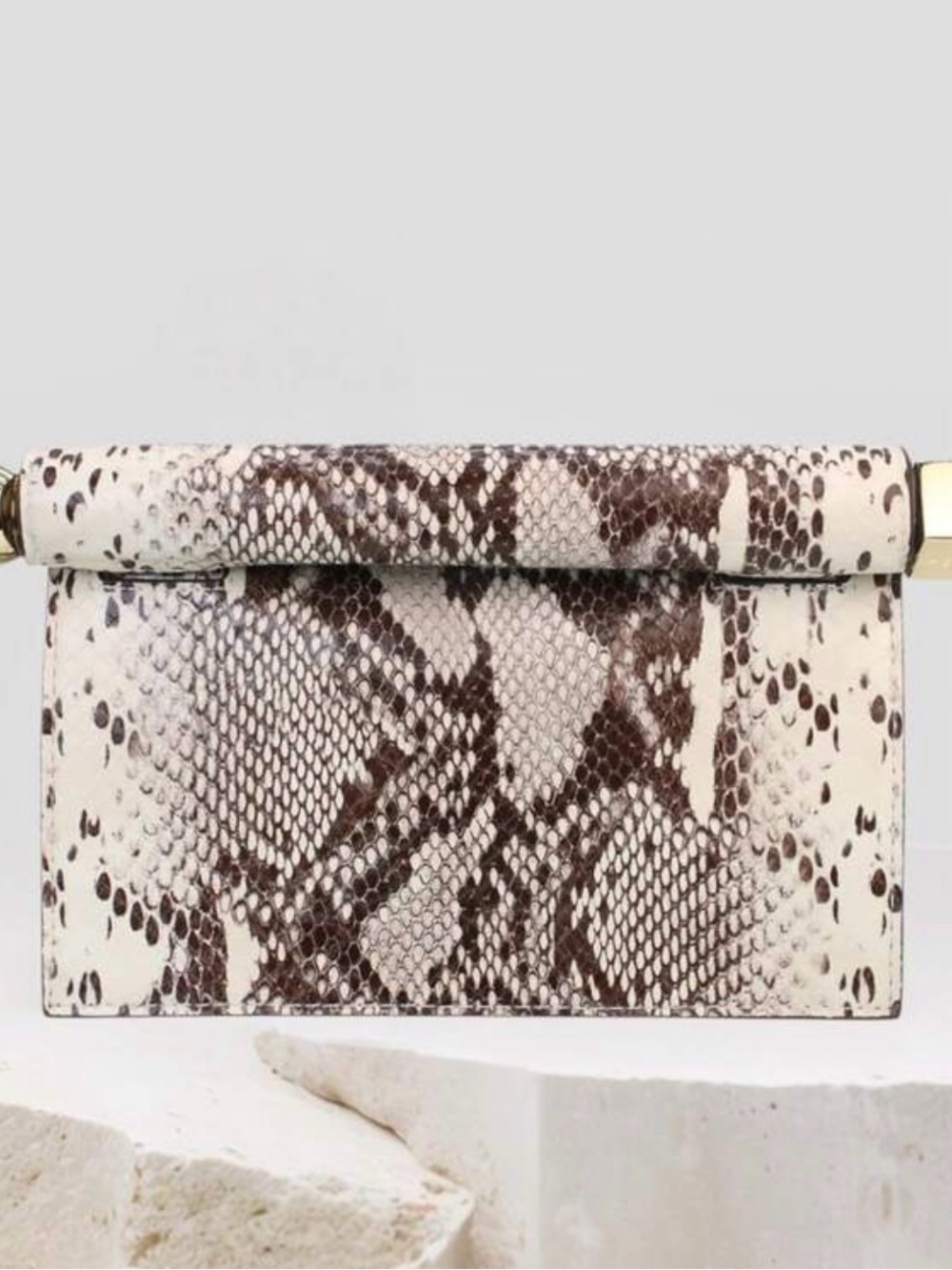 Snake-Print Roll-Top Clutch in Brown and Cream